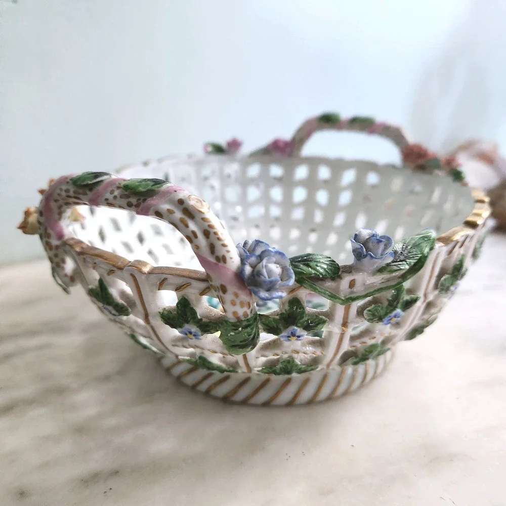Vintage‎ Dresden Floral Porcelain Basket Reticulated Bowl Handles Cottage Decor